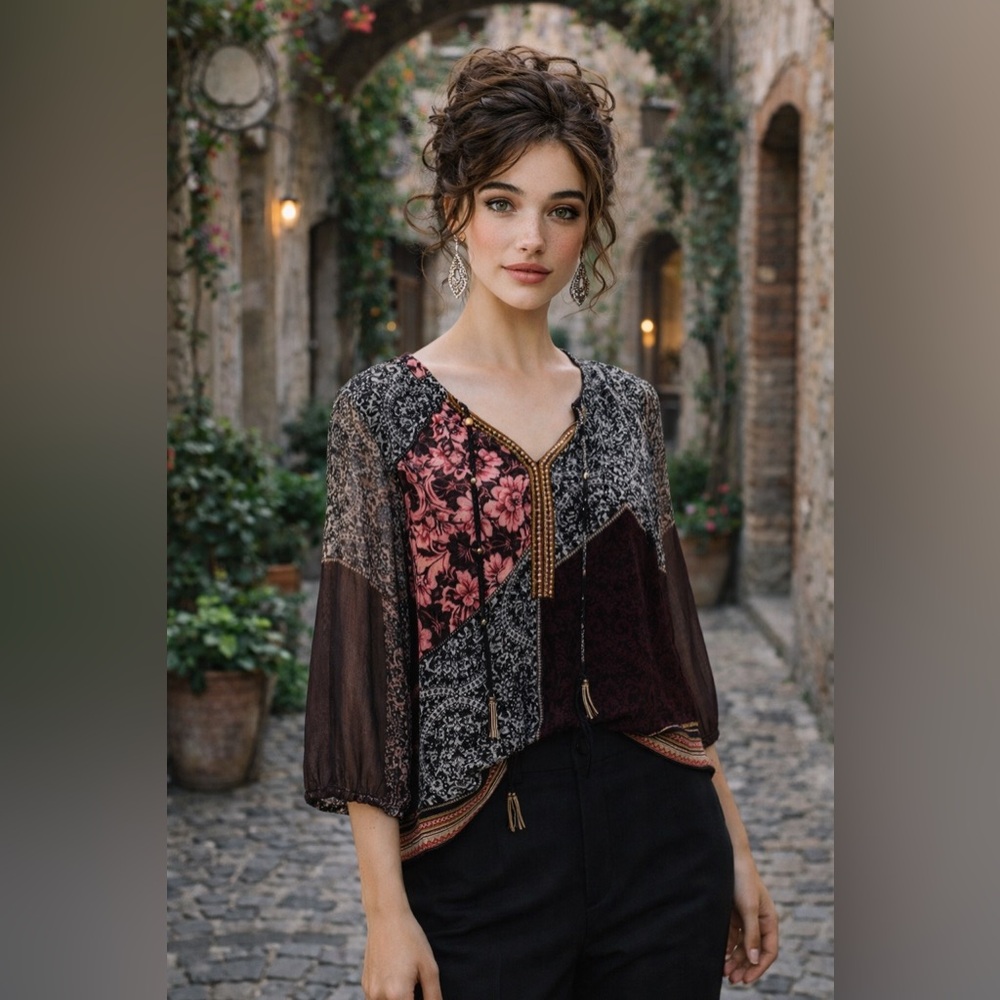 Daniel Rainn Red and Cream Graphic Blouse Relaxed Fit